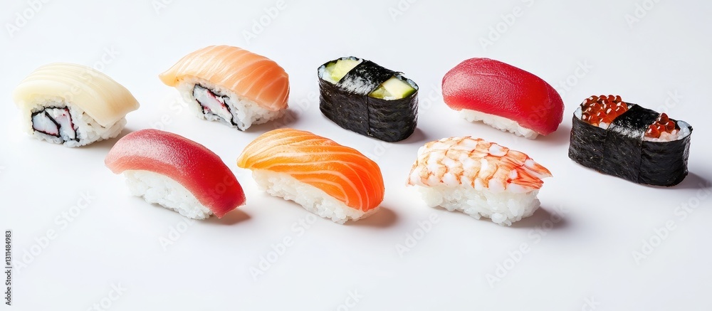 Poster traditional japanese sushi assortment on a light background with selective focus featuring salmon tu