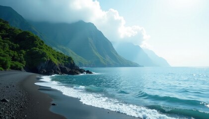 Misty mountain range descends to the sea, serene coastal scene , elevation, quiet, morning
