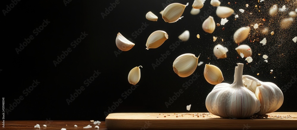 Poster garlic bulb and cloves on a wooden chopping board with scattered cloves in mid-air against a black b