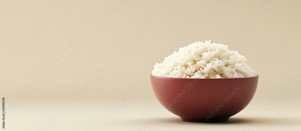 Aufkleber bowl of steaming white rice on a simple beige background with a deep brown bowl positioned slightly 