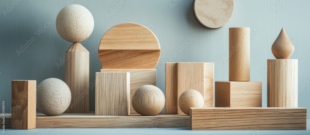 Aufkleber Geometric wooden sculptures arranged on a light blue background with ample negative space for text and a focus on balance and artistry