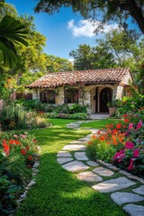Beautiful garden pathway leading to a charming stone cottage surrounded by vibrant flowers under a clear blue sky in a serene outdoor setting