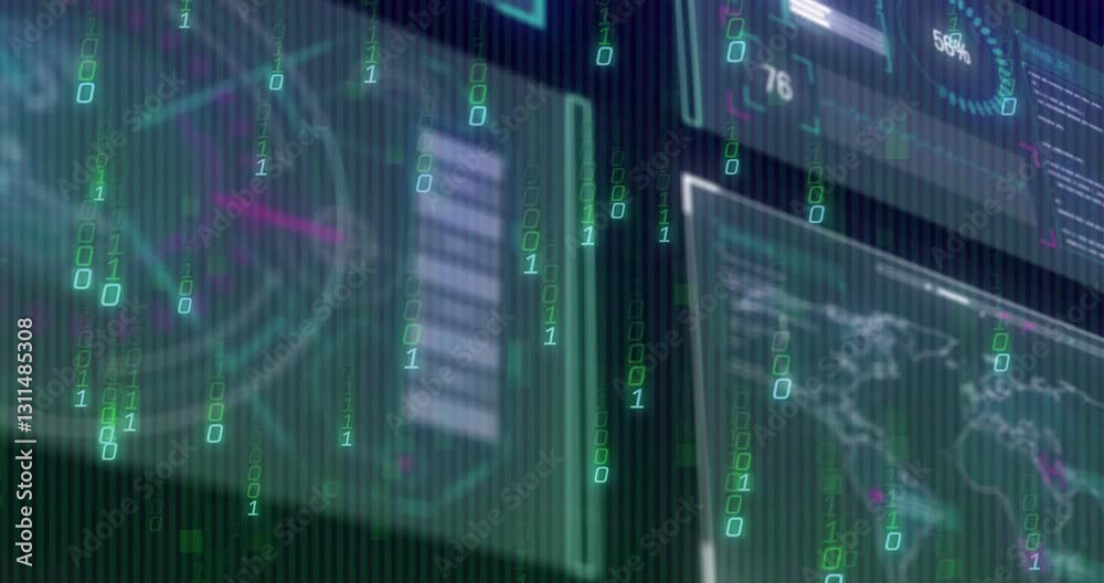 Poster in school, animation of binary code and digital screens showing data and graphs