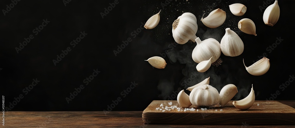 Poster garlic cluster on wooden chopping board with airborne cloves against black backdrop featuring earthy