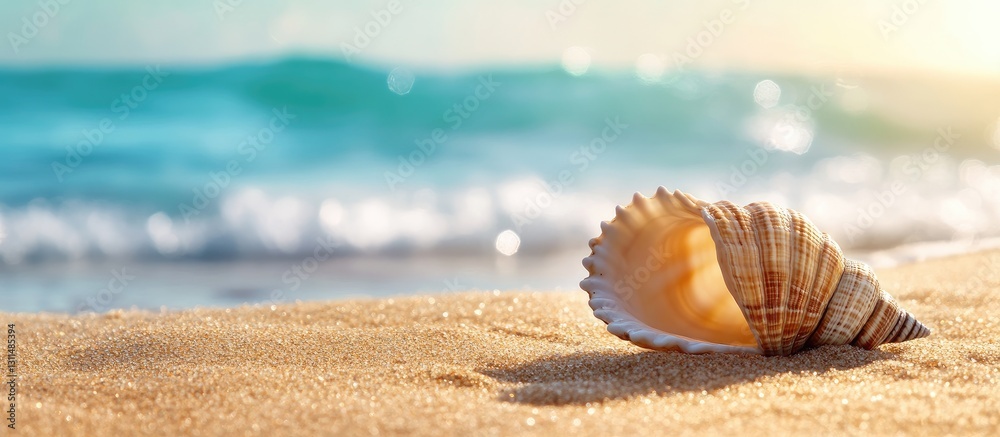 Poster seashell on golden sandy beach with gentle waves in the background soft blue sea and warm sunlight c