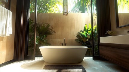 Fototapeta premium Luxurious Modern Bali Bathroom with Elegant Bathtub & Tropical Greenery 
