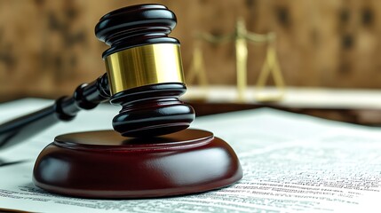 Dark Brown Wooden Gavel on Legal Documents with Scales in Background