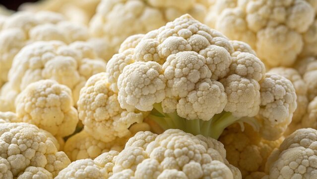 Pile of organic cauliflower heads, showcasing their natural shape and light color, farm fresh produce, healthy food background