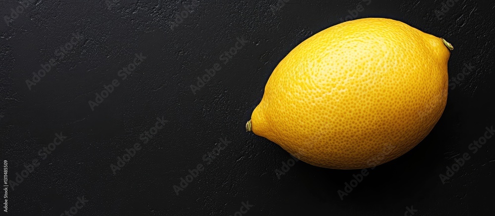 Poster Whole fresh lemon positioned on the upper right of a textured black background with ample copy space for branding or text. Bright yellow color stands out.