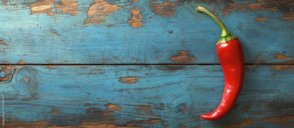 Poster Vibrant red chili pepper positioned on the left side of a weathered blue wooden table background with ample negative space for text.