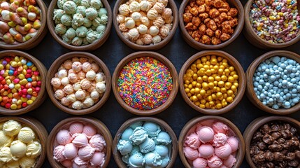 Dessert toppings arranged in bowls, ice cream parlor, colorful display