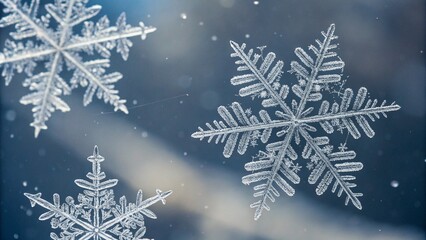 Macro close-up of delicate snowflakes, showcasing intricate crystal patterns and winter beauty against a soft blue background