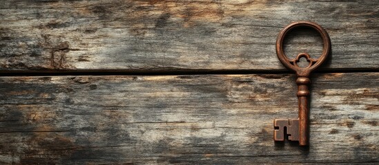 Vintage key resting on dark rustic wooden surface with distinct grain, positioned in the bottom right corner, evoking a sense of history and mystery.
