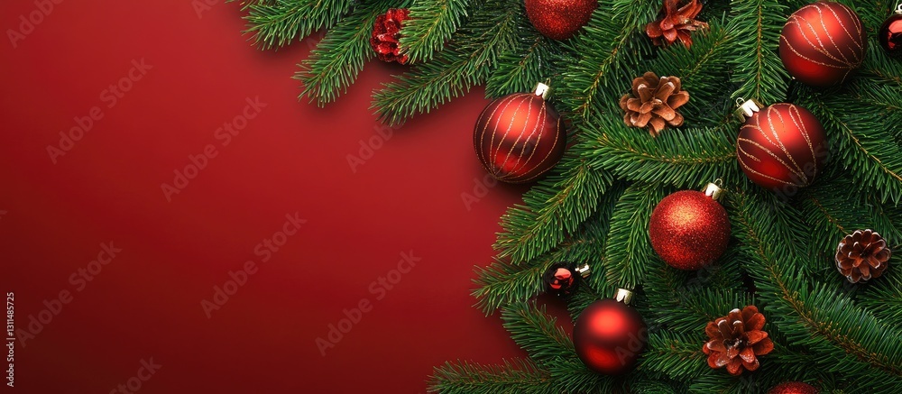 Poster christmas tree branches with vibrant green needles adorned with red ornaments and pinecones on a ric