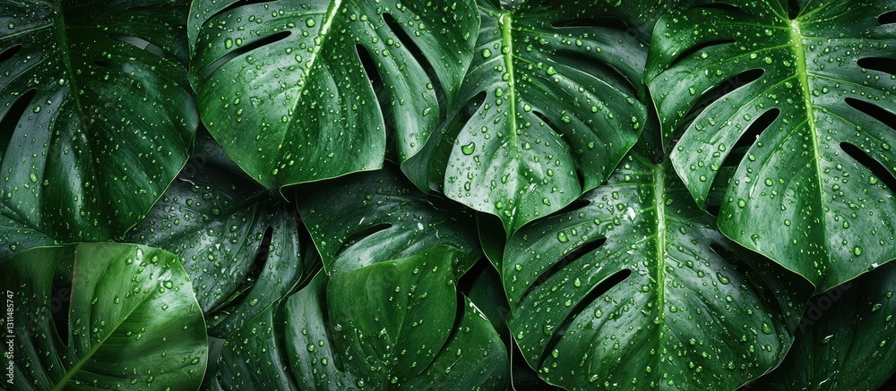 Poster vibrant green monstera palm leaves with raindrops, flat lay top view, showcasing intricate leaf patt