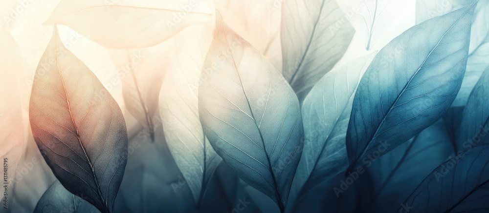 Aufkleber delicate layers of translucent skeleton leaves in soft blue and warm peach tones create a serene abs
