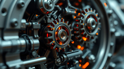 Fototapeta premium Close-up of a complex and intricate mechanical engine with glowing gears and a futuristic aesthetic.