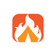 The image shows a flat abstract logo design of a tent on fire inside a square shape in crimson color. 