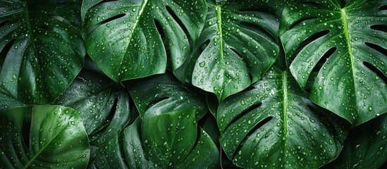 Fototapeta premium Vibrant green Monstera palm leaves with raindrops, flat lay top view, showcasing intricate leaf patterns and fresh dew on textured surface.