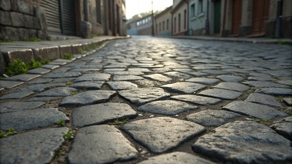 Rustic cobblestone pathway in an old town, with uneven stones creating a textured street scene, historic urban detail