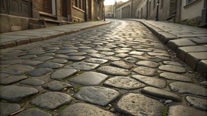 Historic cobblestone street in perspective view, with sunlight casting shadows on the uneven surface, old-world charm