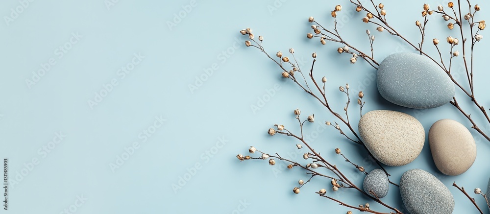 Poster natural arrangement of smooth stones and delicate dry branches on a light blue background, creating 