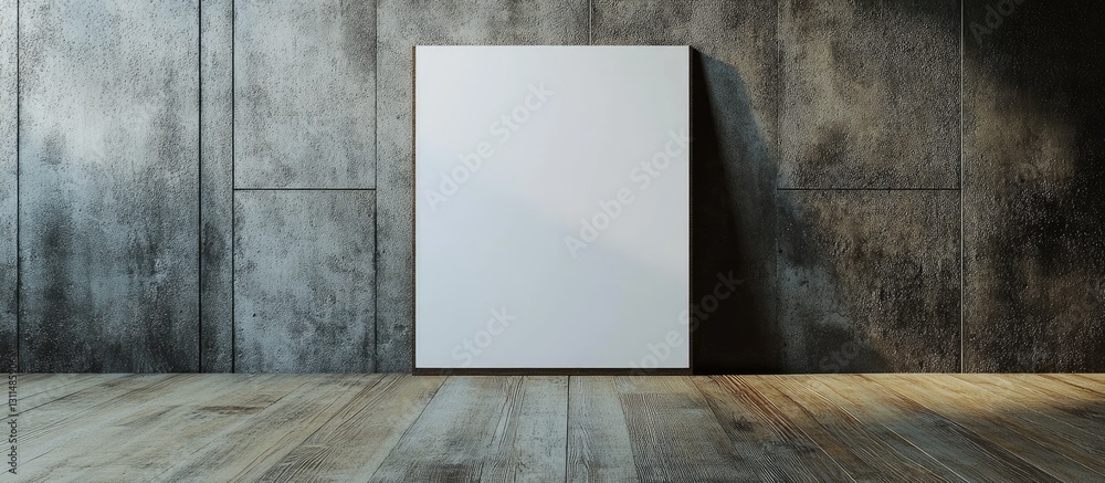 Aufkleber blank white poster on a grunge concrete wall with wooden plank floor, showcasing empty space for des