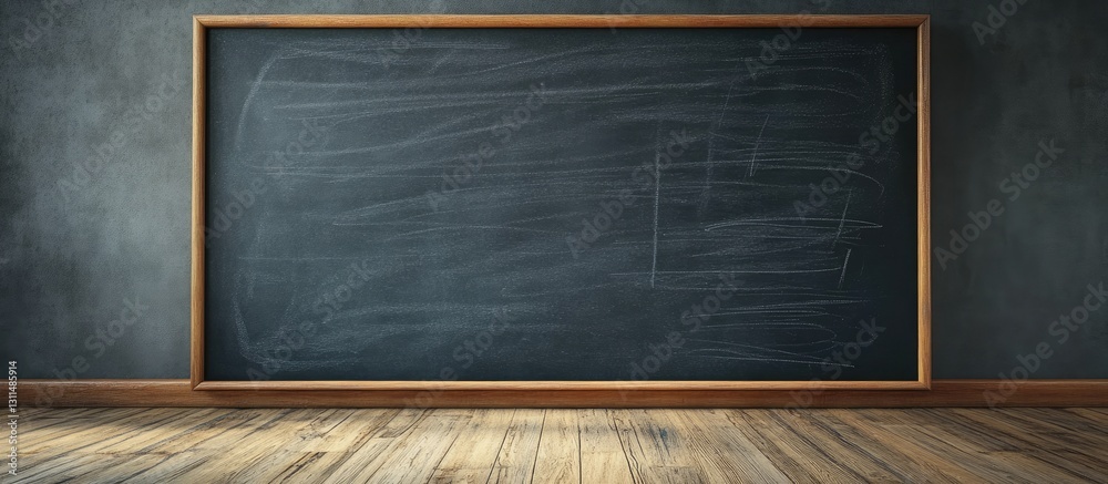 Aufkleber Empty blackboard framed in wood positioned centrally against a textured gray wall with wooden floorboards creating a simple and rustic classroom setting.