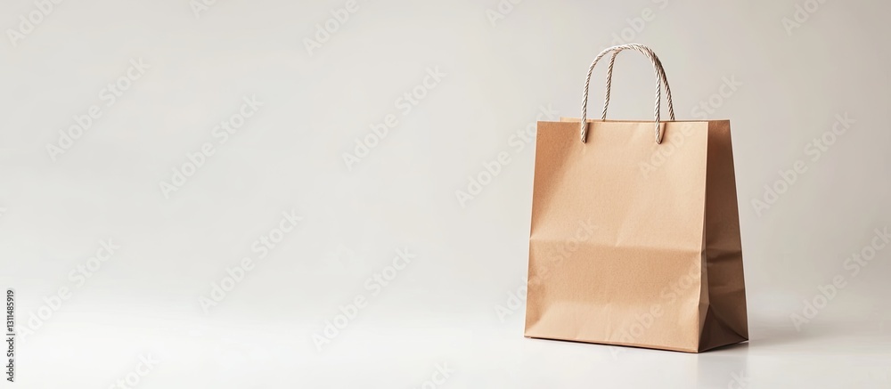 Poster Brown paper shopping bag with two cord handles positioned on the left against a soft white background creating a minimalist effect.