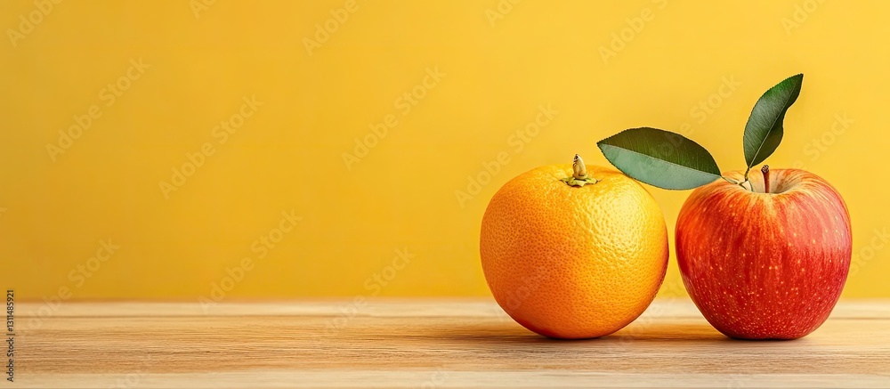 Poster fresh vibrant apple and orange placed on a wooden table with a bright yellow background creating a c