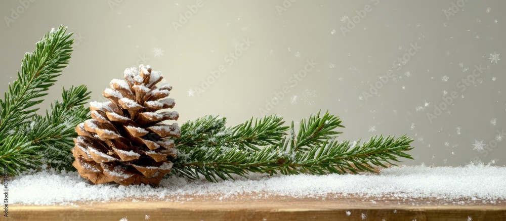 Poster pine cone and green pine branch on wooden table with white snow against a soft gray background creat
