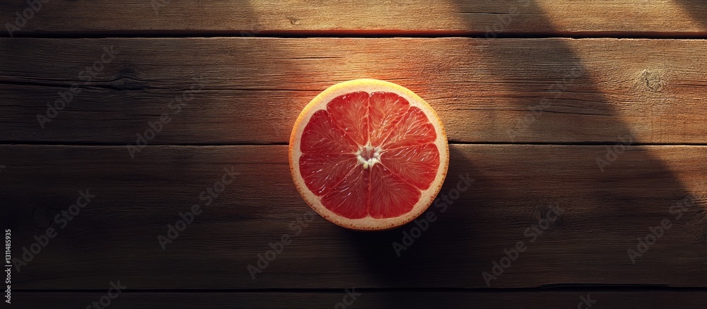 Poster red grapefruit slice centered on dark wooden background with soft shadows showcasing vibrant texture