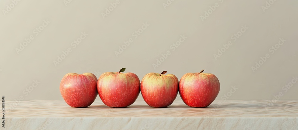 Poster Fresh red apples arranged in a neat row on a light wooden table against a soft beige background providing a warm and inviting atmosphere.