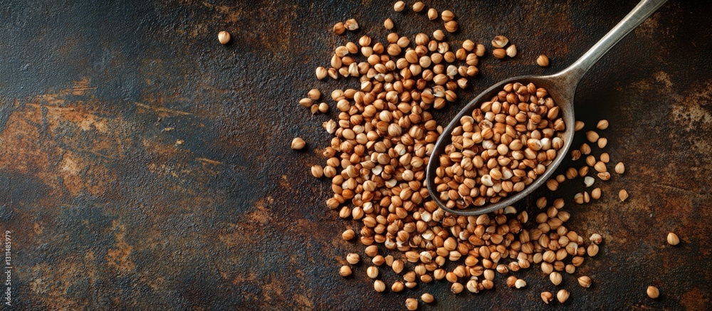 Poster buckwheat grains in a silver teaspoon with scattered grains on a dark textured background highlighti