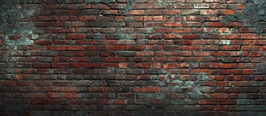 Naklejka premium Textured background of an aged red brick wall with dark mortar and uneven surface, featuring shades of red, brown, and grey, ideal for vintage designs.