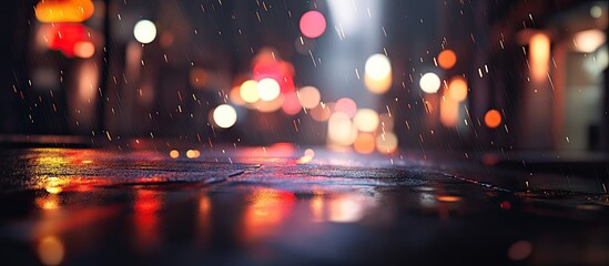 Nighttime street scene with vibrant bokeh lights in red and yellow hues reflected on wet pavement showcasing raindrops and atmospheric mood.
