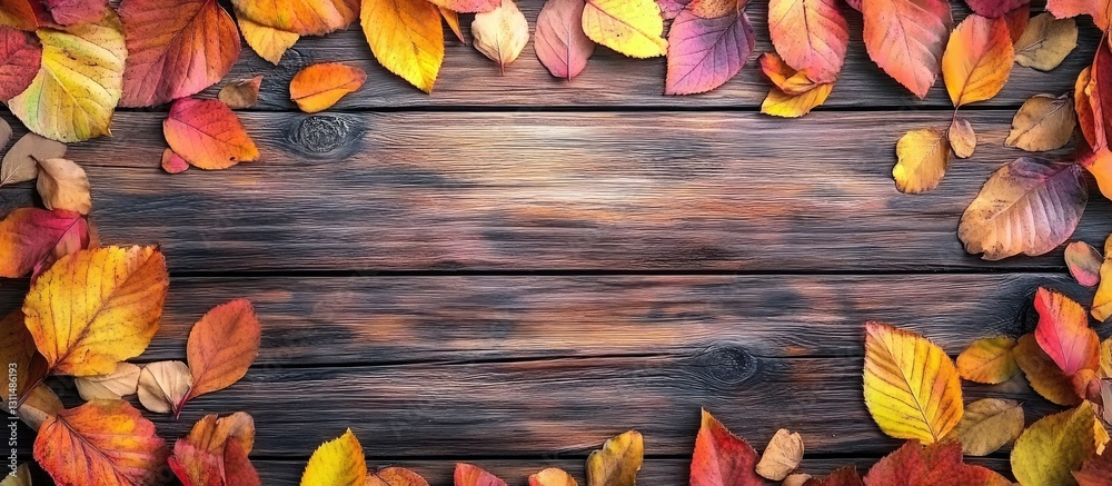 Aufkleber vibrant autumn leaves in shades of orange yellow and red framing a rustic wooden background with a c