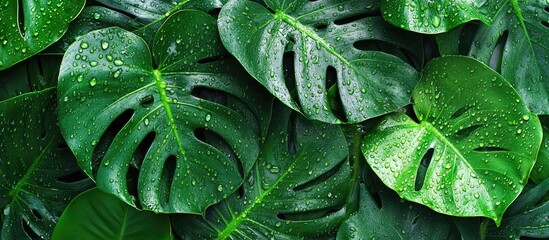 Fototapeta premium Tropical Monstera leaves in rich green hues with verdant tones, layered flat lay, adorned with sparkling raindrops and dew droplets.