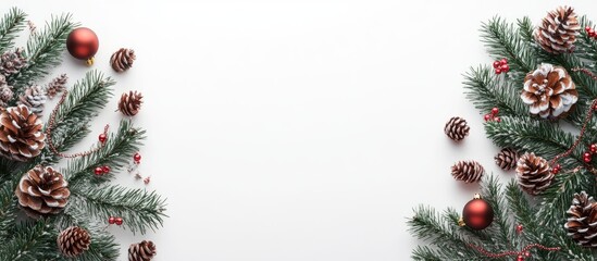 Elegant Christmas decoration featuring frosted pine branches, pine cones, and red baubles arranged symmetrically on the white background with ample copyspace.
