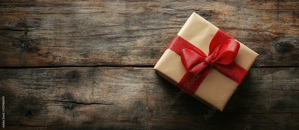 Poster christmas gift wrapped in beige paper with a bright red ribbon on a rustic wooden table showcasing w