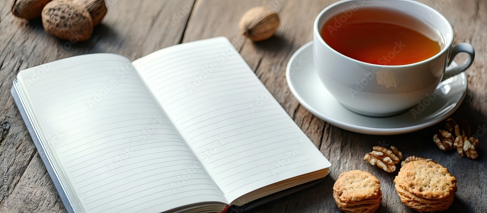Aufkleber open blank notebook on rustic wooden table beside a steaming cup of tea with a saucer, scattered nut