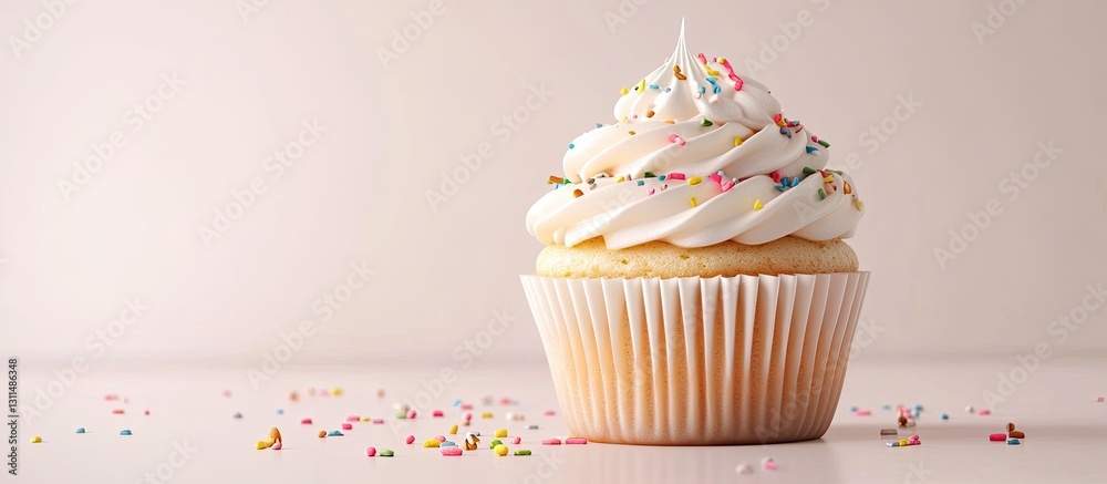 Aufkleber Colorful cupcake with white frosting and sprinkles positioned on a light background with a blank area for text, creating a festive atmosphere.