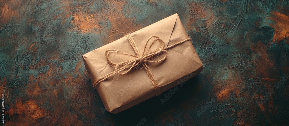 Poster brown craft parcel tied with natural hemp bow centered on textured teal and brown background, creati