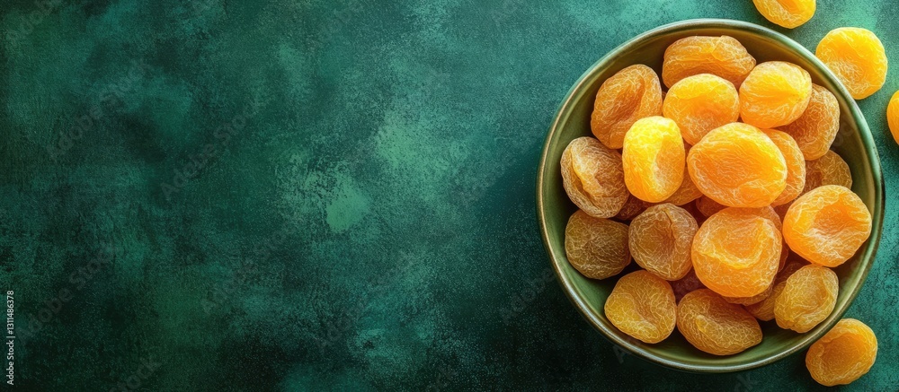 Poster dried sweet apricots arranged in a green bowl on a textured green table surface creating a vibrant a