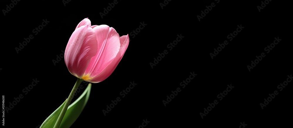 Poster delicate pink tulip on a dark background, centered slightly to the right, featuring soft petals and 