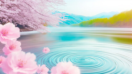 A digital artwork of a serene river surrounded by gentle mountains and soft colors. The calming ripples on the water enhance the tranquility of the scene.