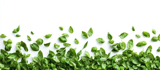 Fresh green basil leaves scattered horizontally across a bright white background creating ample space for text or images ideal for culinary designs.