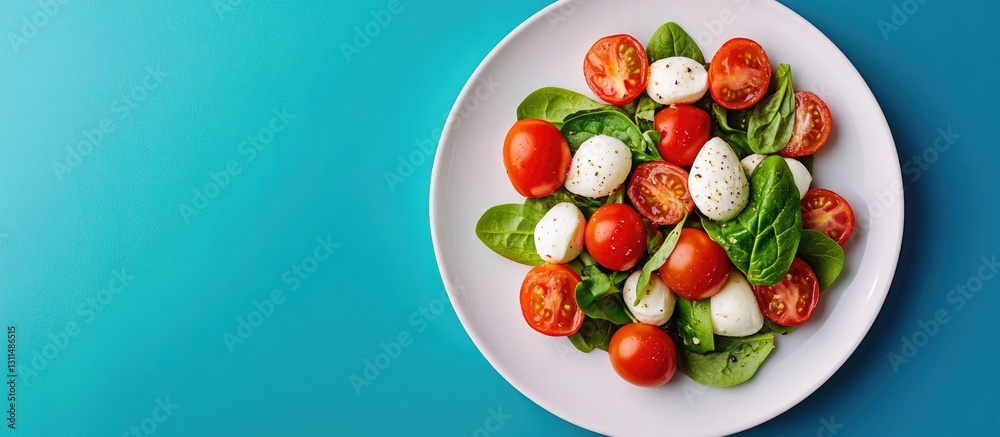 Poster caprese salad in a round white plate with cherry tomatoes mozzarella balls and fresh spinach leaves 