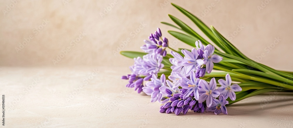 Poster lavender and spring scilla bouquet arranged on a soft beige background with gentle shadows ideal for
