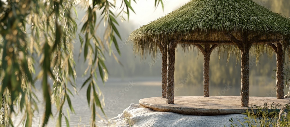 Aufkleber old wooden gazebo with a thatched reed roof, positioned on a tranquil lakeshore, surrounded by soft 